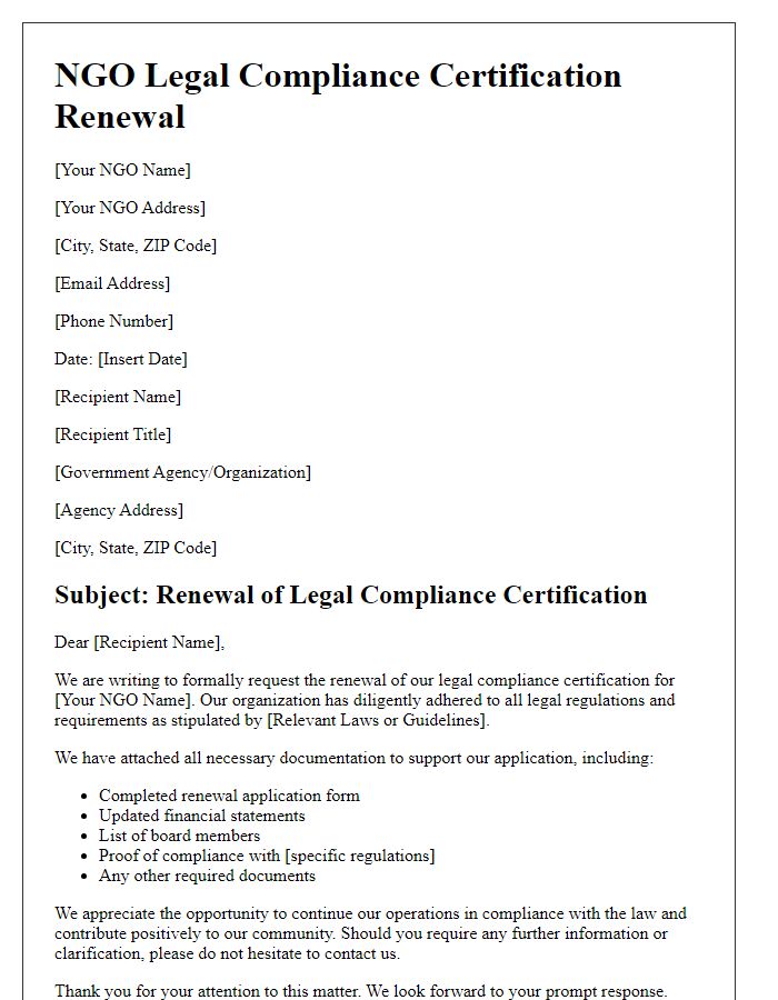 Letter template of NGO legal compliance certification renewal