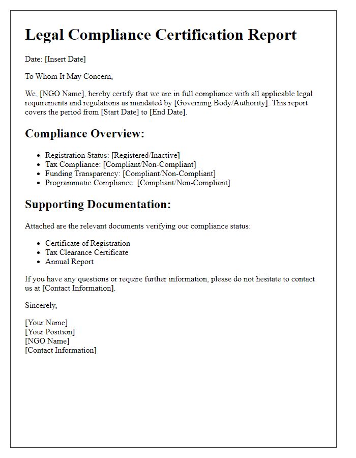 Letter template of NGO legal compliance certification reporting