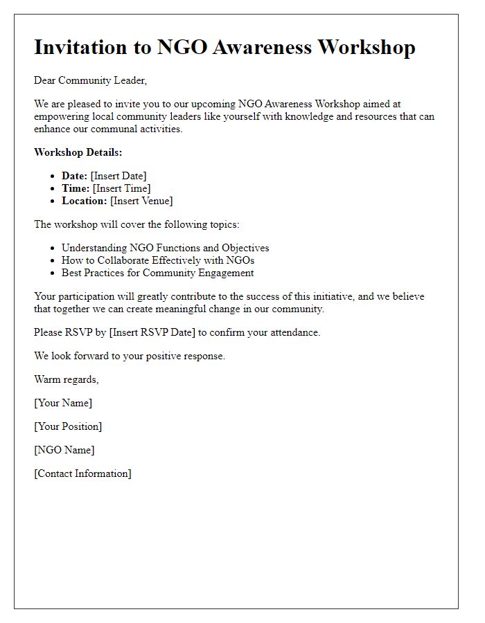 Letter template of NGO awareness workshop invitation for community leaders