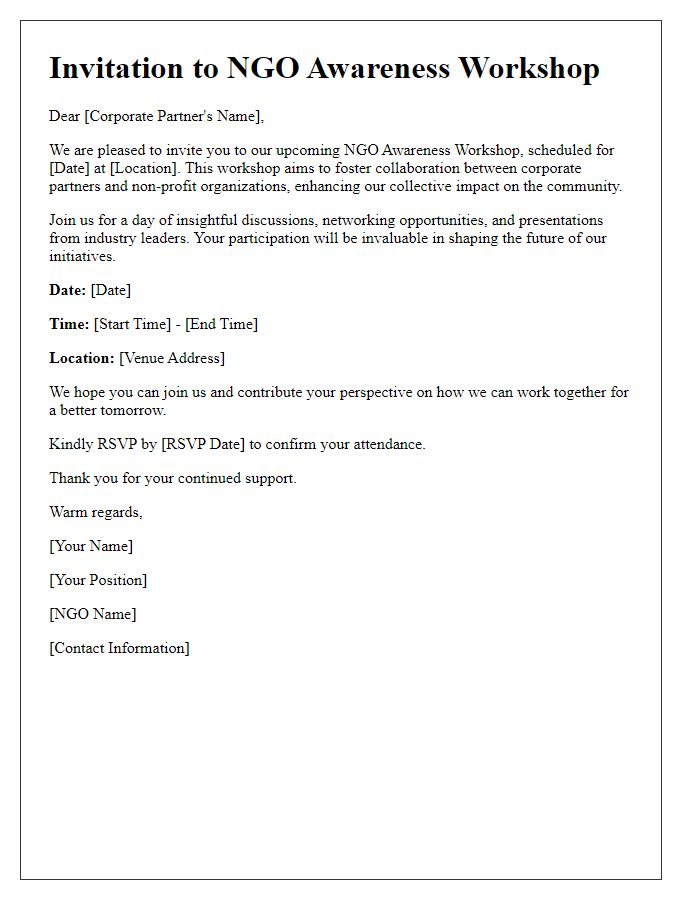 Letter template of NGO awareness workshop invitation for corporate partners