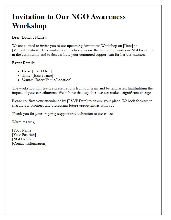 Letter template of NGO awareness workshop invitation for donors