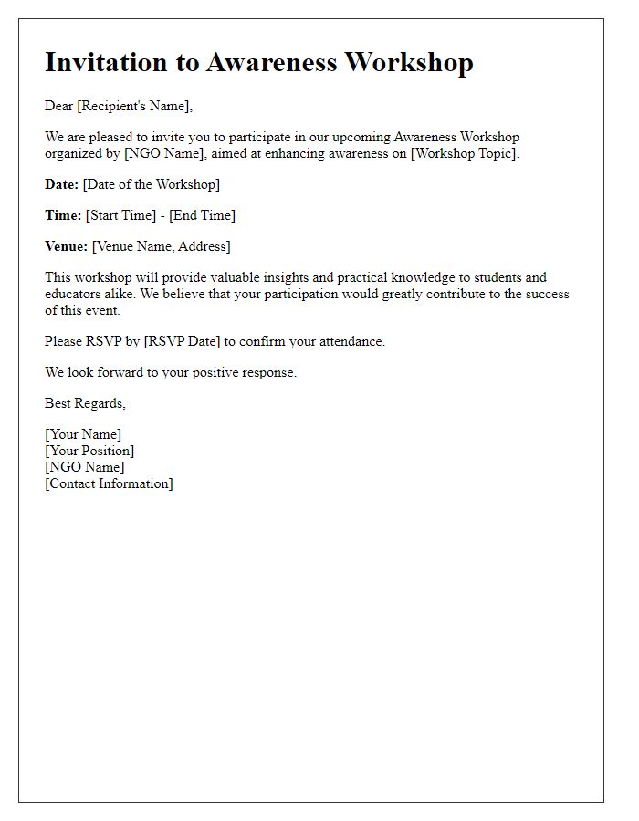 Letter template of NGO awareness workshop invitation for educational institutions