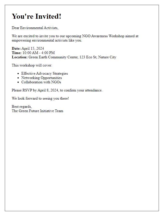 Letter template of NGO awareness workshop invitation for environmental activists