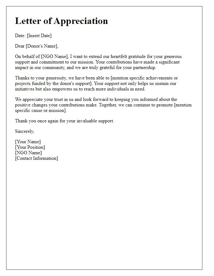 Letter template of Appreciation for Supportive NGO Donors