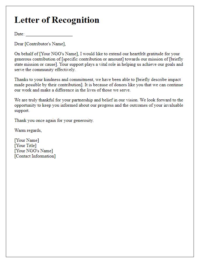 Letter template of Recognition for Generous NGO Contributors