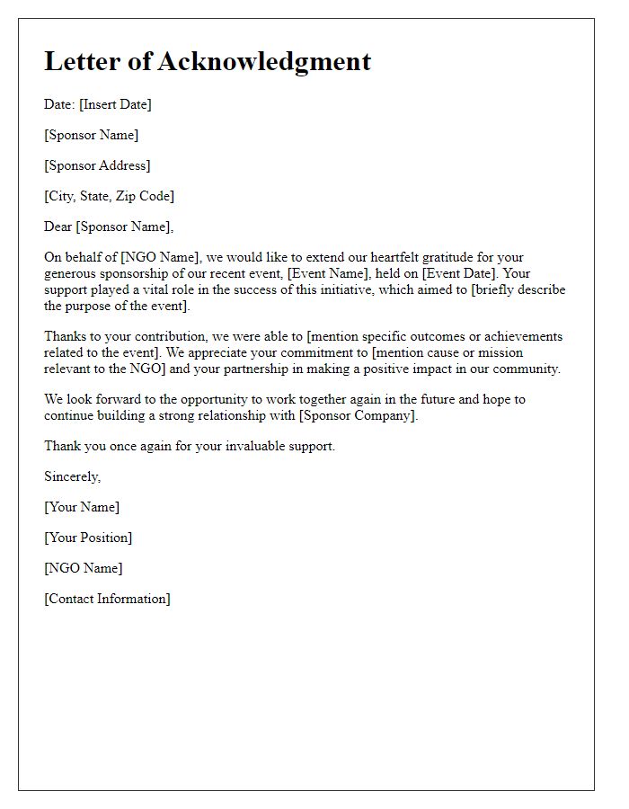 Letter template of NGO event sponsorship acknowledgment.