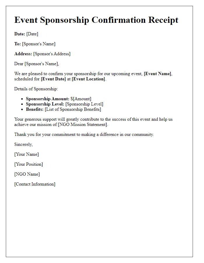 Letter template of NGO event sponsorship confirmation receipt.