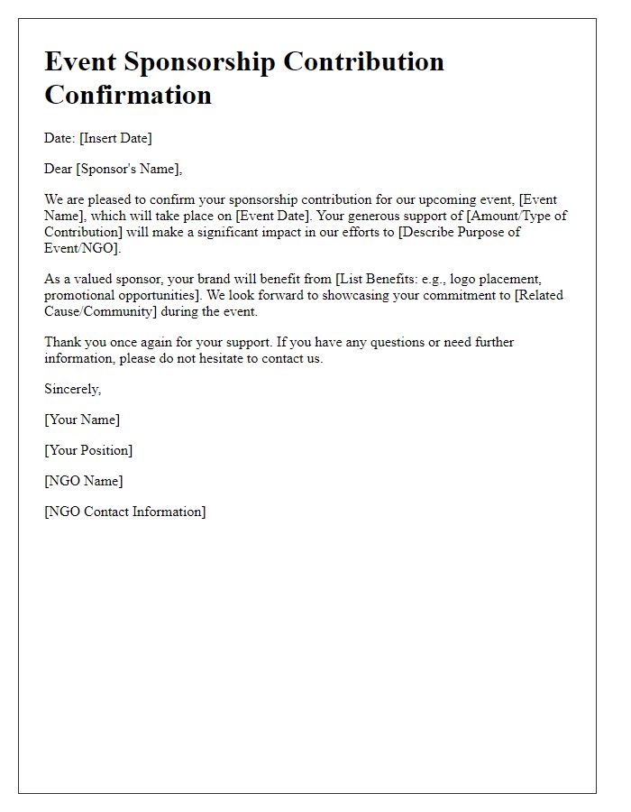 Letter template of NGO event sponsorship contribution confirmation.