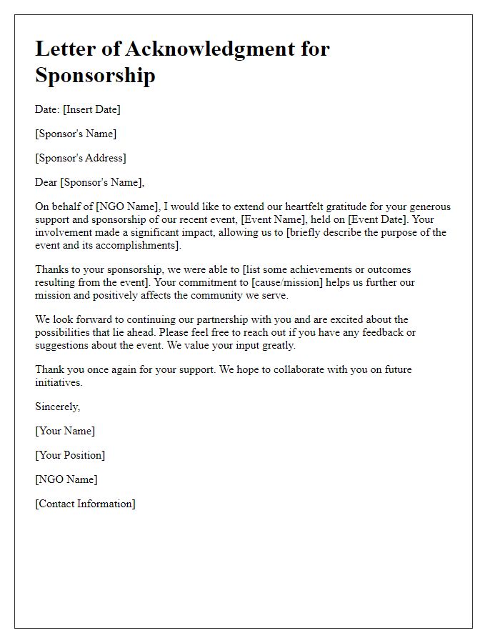 Letter template of NGO event sponsorship involvement acknowledgment.