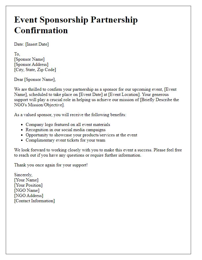 Letter template of NGO event sponsorship partnership confirmation.