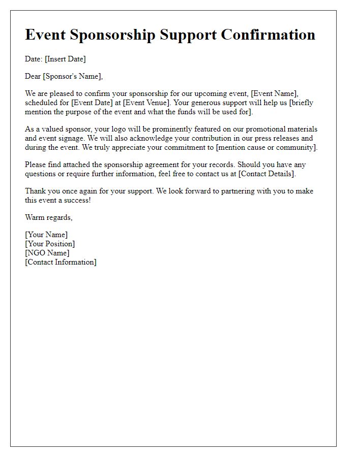 Letter template of NGO event sponsorship support confirmation.