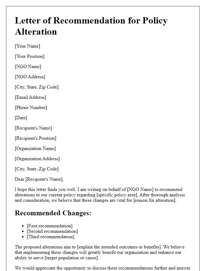 Letter template of NGO policy alteration recommendation