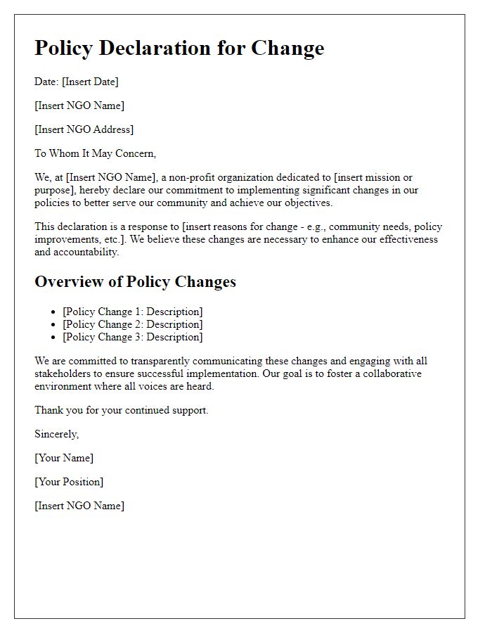 Letter template of NGO policy declaration for change