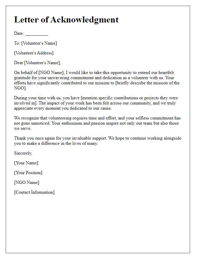 Letter template of acknowledgment for dedicated NGO volunteers