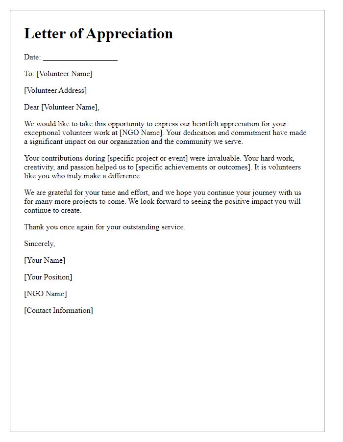 Letter template of appreciation for exceptional NGO volunteer work