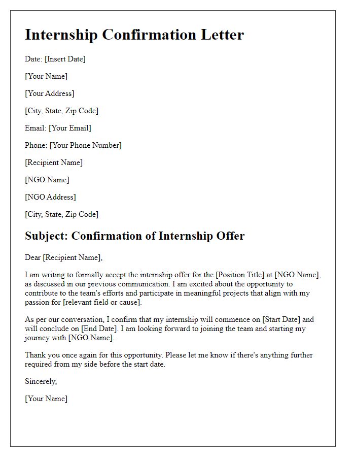 Letter template of confirmation for NGO internship program offer