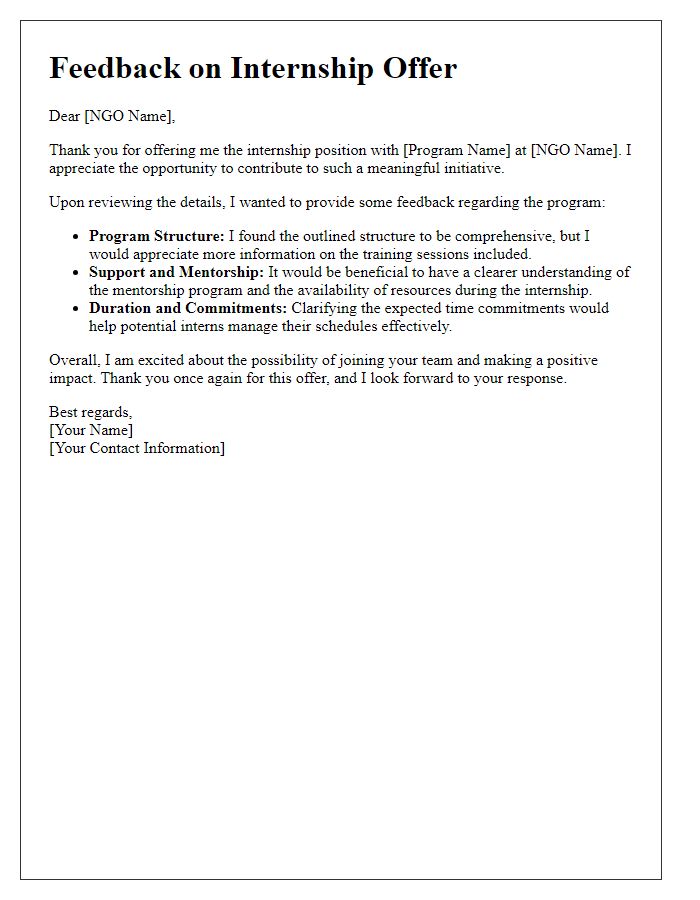 Letter template of feedback on NGO internship program offer