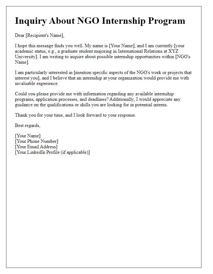 Letter template of inquiry about NGO internship program offer