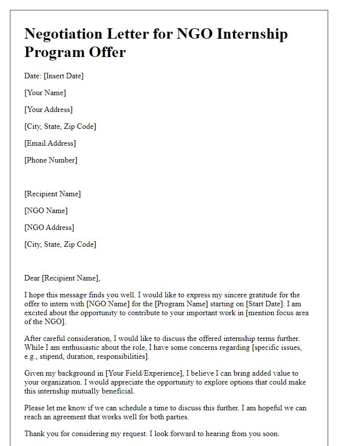 Letter template of negotiation for NGO internship program offer