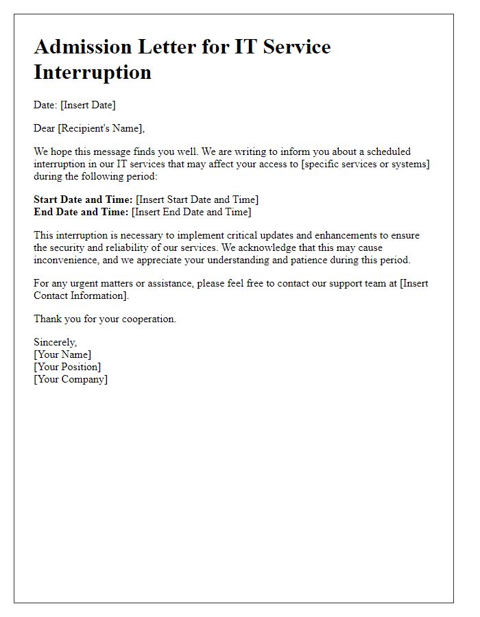 Letter template of admission for IT service interruption.