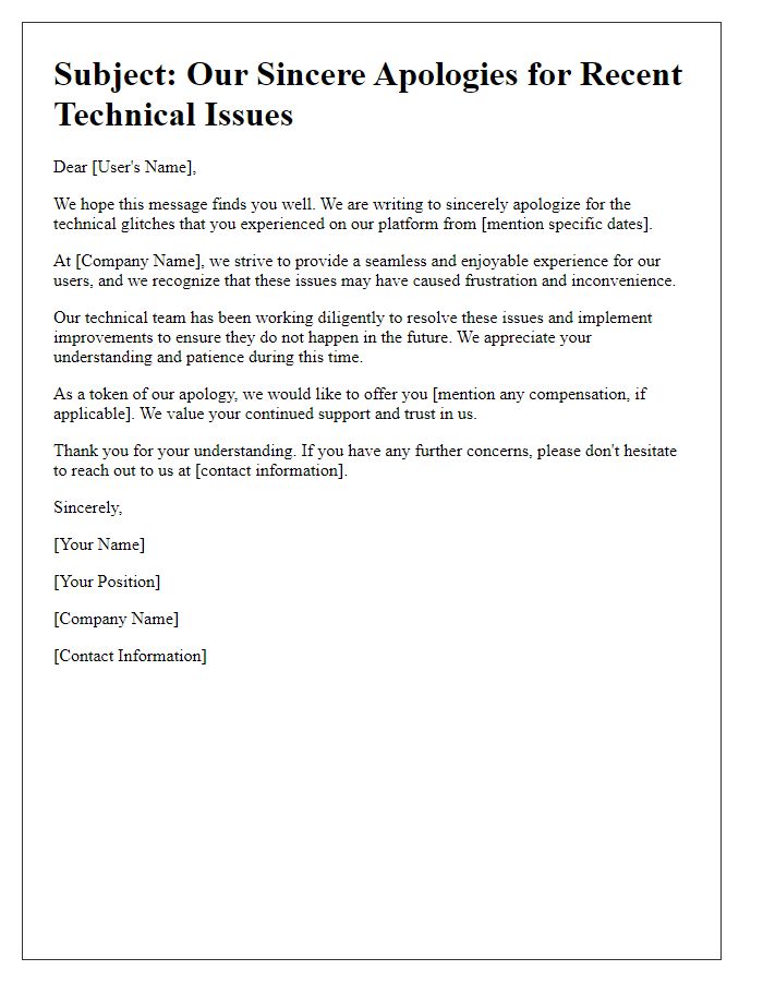 Letter template of apology for online platform glitches.