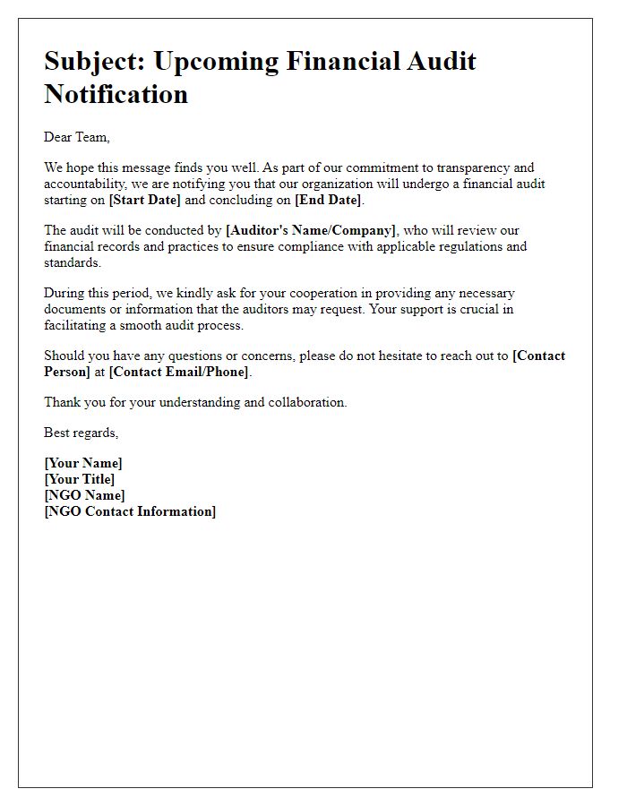 Letter template of NGO financial audit communication to employees