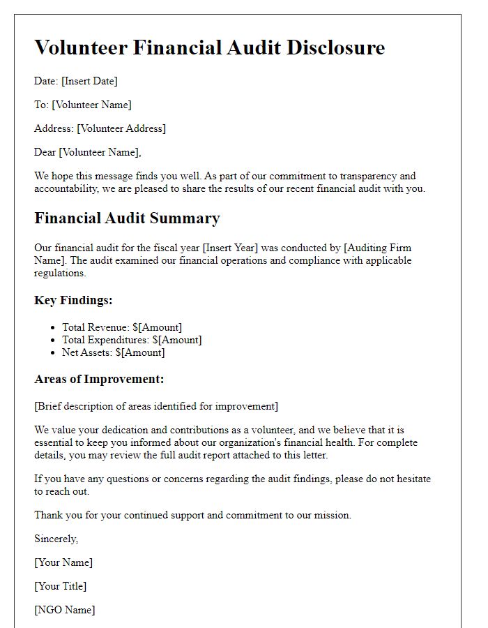 Letter template of NGO financial audit disclosure for volunteers