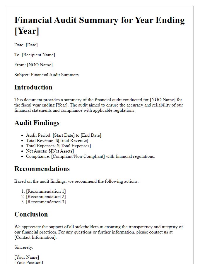 Letter template of NGO financial audit summary for annual report