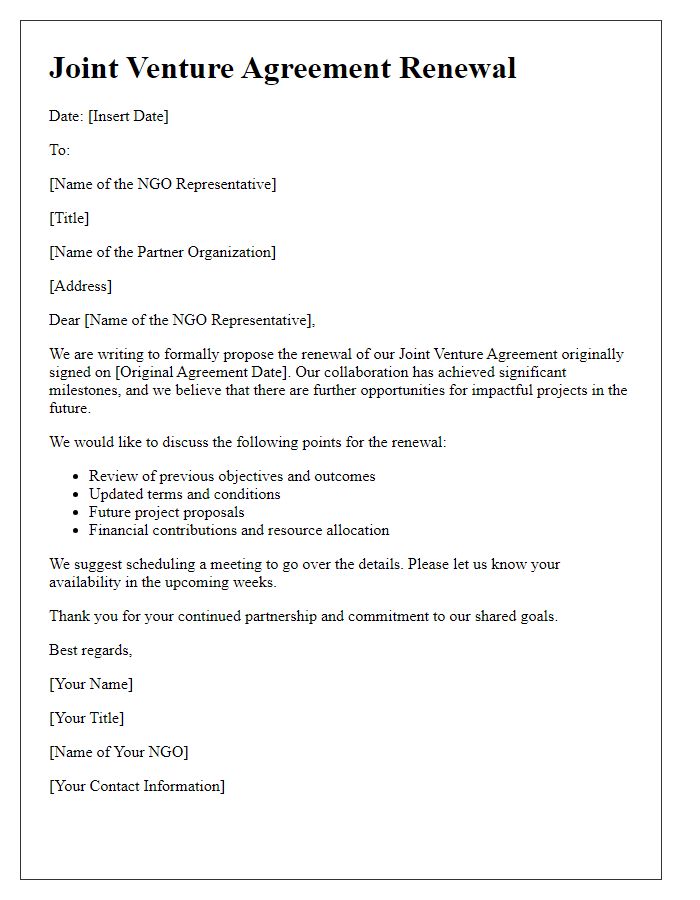 Letter template of NGO joint venture agreement renewal.