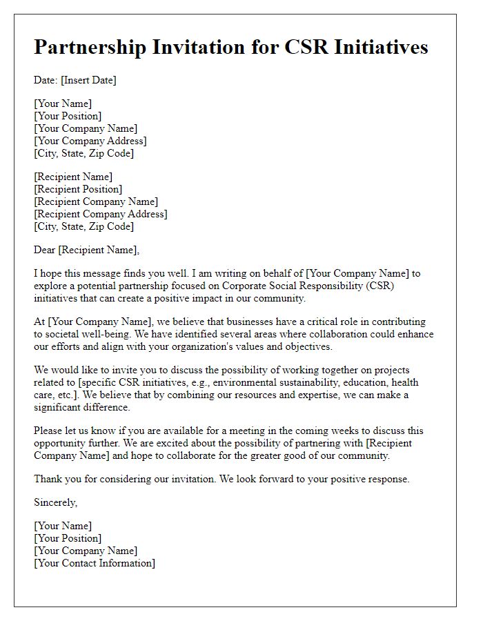 Letter template of partnership invitation for CSR initiatives