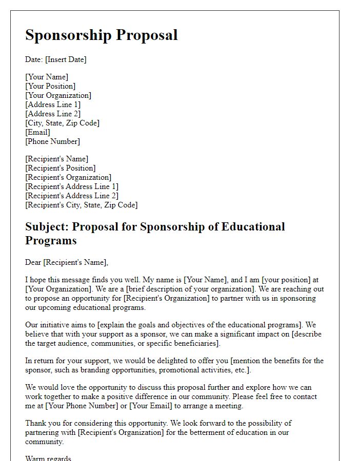 Letter template of sponsorship proposal for educational programs