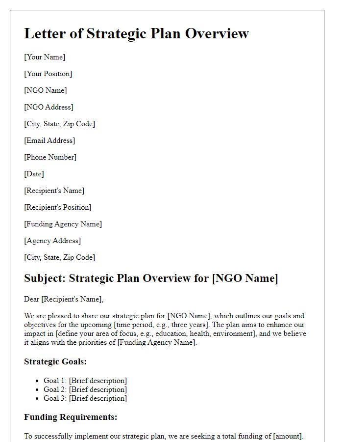 Letter template of NGO strategic plan details for funding agencies