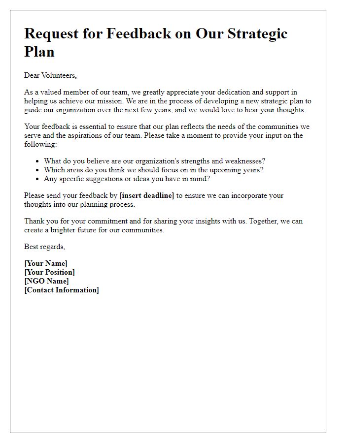 Letter template of NGO strategic plan feedback request for volunteers