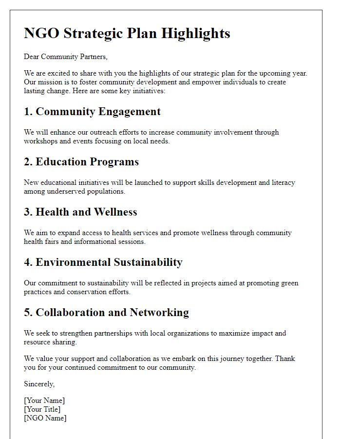 Letter template of NGO strategic plan highlights for community partners