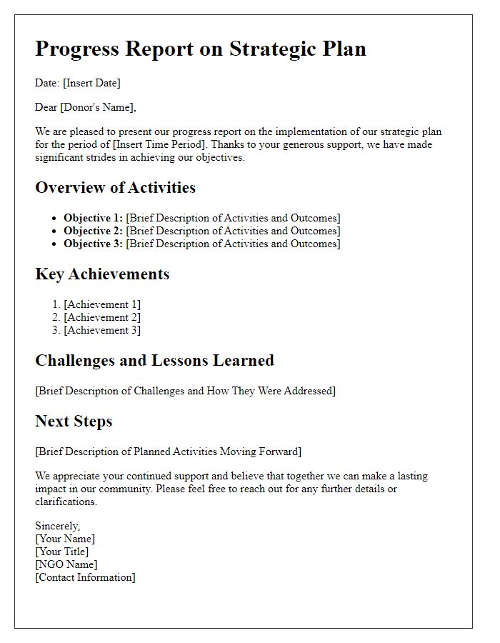 Letter template of NGO strategic plan progress report for donors