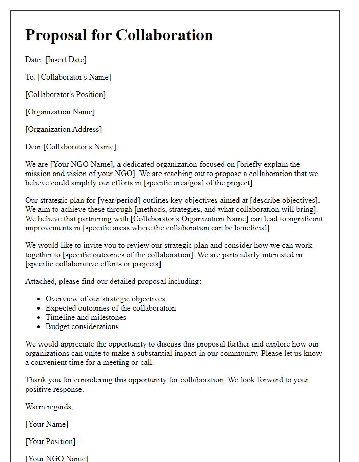 Letter template of NGO strategic plan proposal for potential collaborators