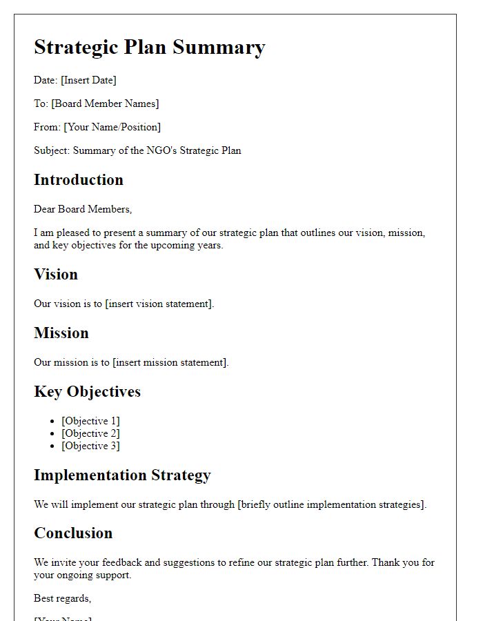 Letter template of NGO strategic plan summary for board members