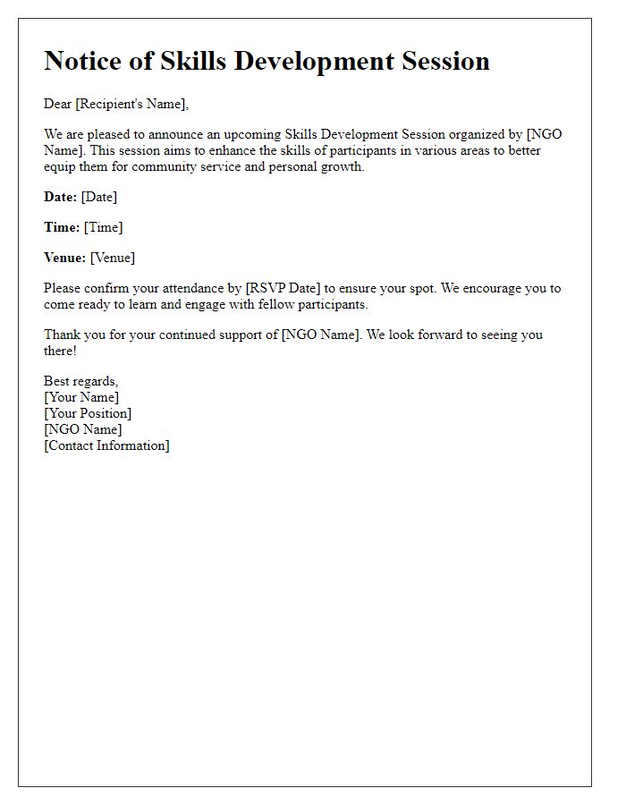 Letter template of notice for upcoming NGO skills development session