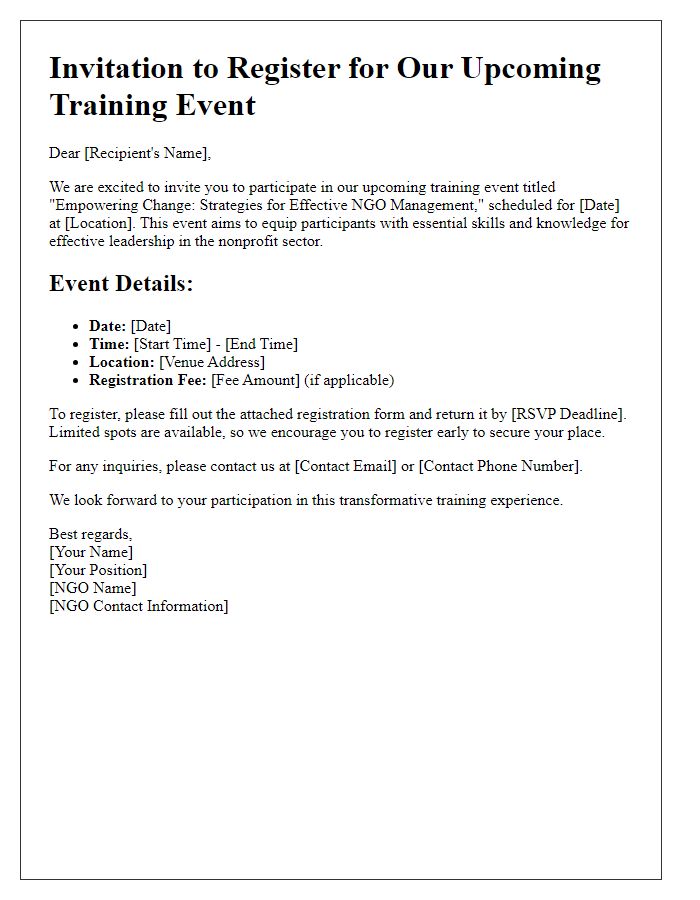 Letter template of registration invitation for NGO training event