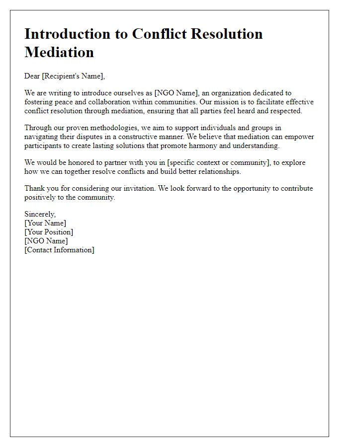 Letter template of NGO conflict resolution mediation introduction