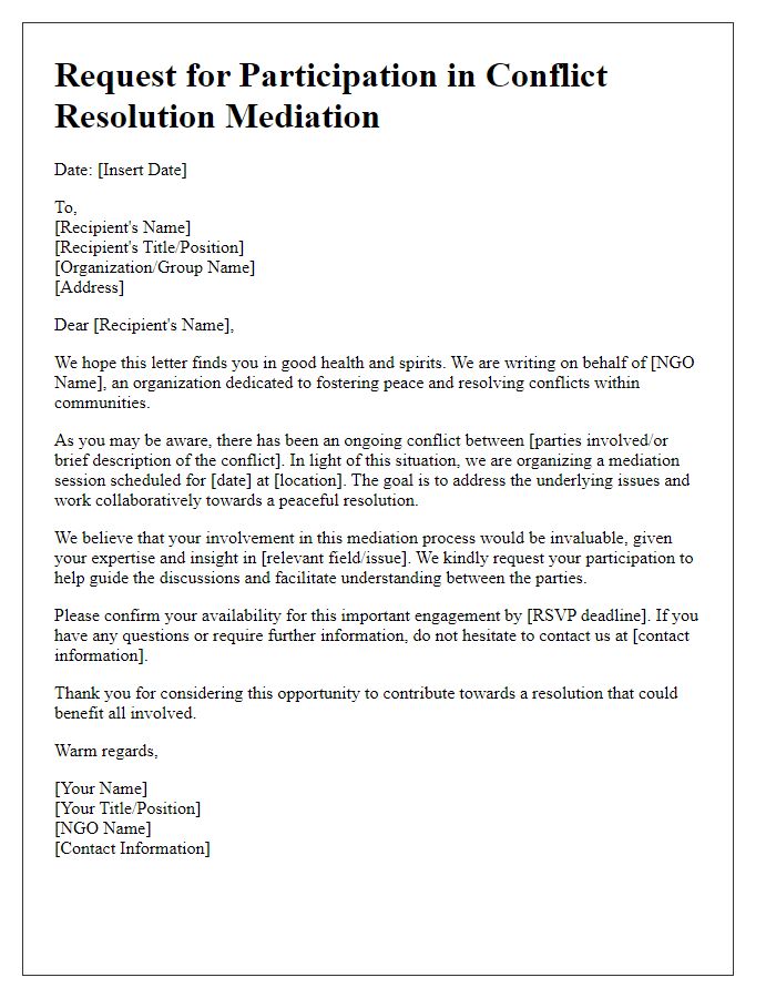 Letter template of NGO conflict resolution mediation request for participation