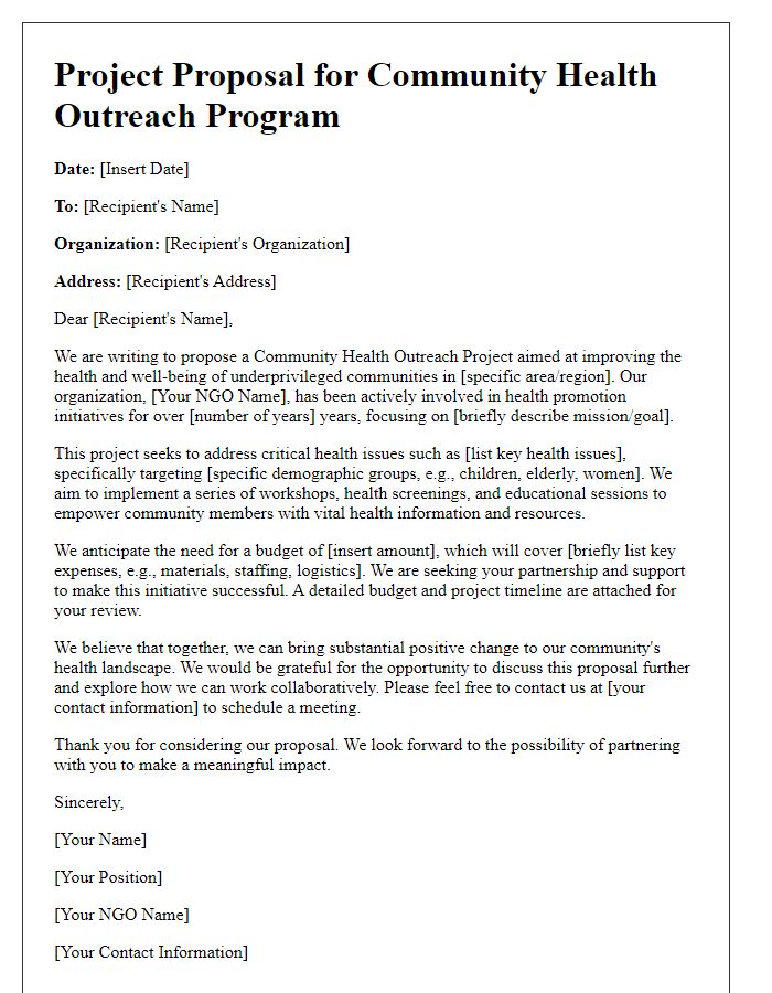 Letter template of NGO community health outreach project proposal