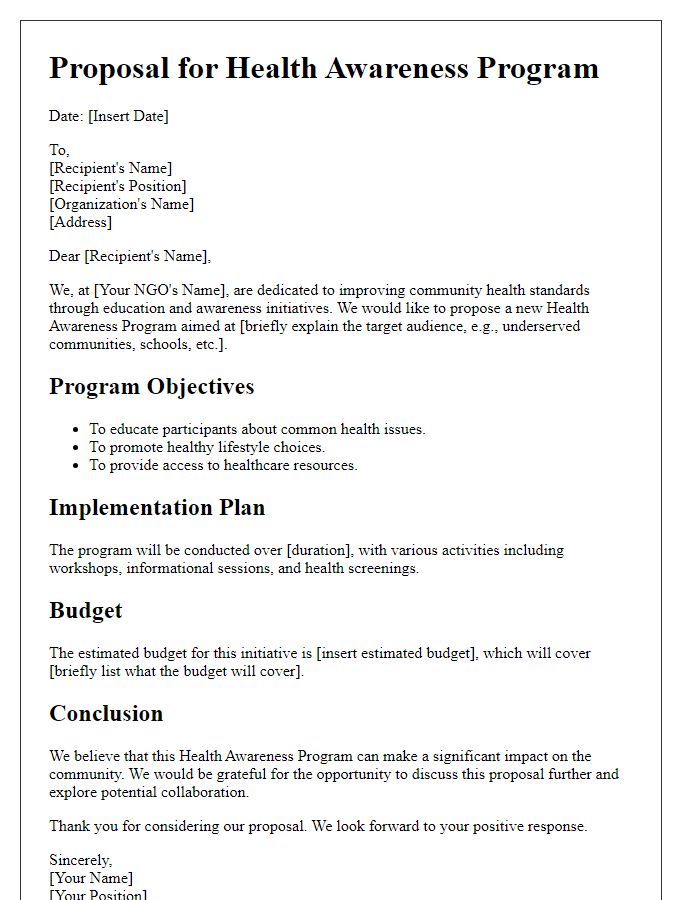 Letter template of NGO health awareness program initiative proposal