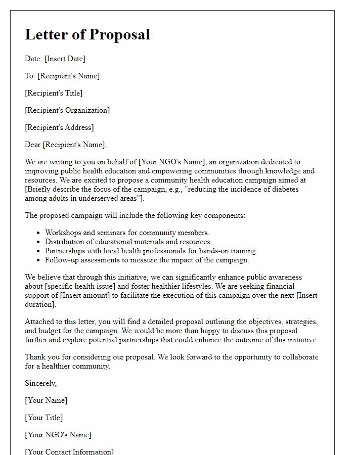 Letter template of NGO public health education campaign proposal