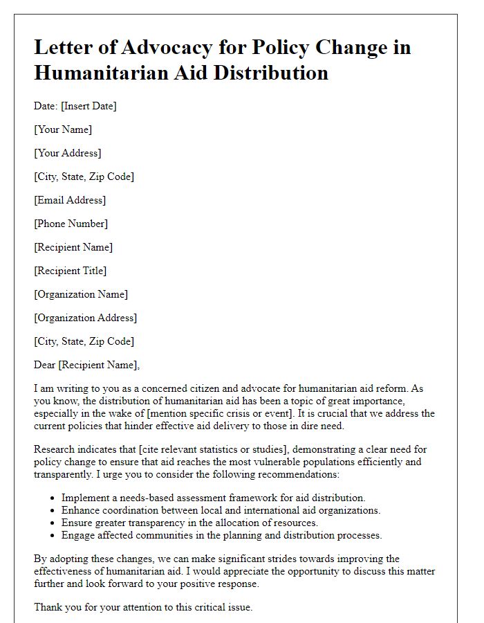 Letter template of advocacy for policy change in humanitarian aid distribution