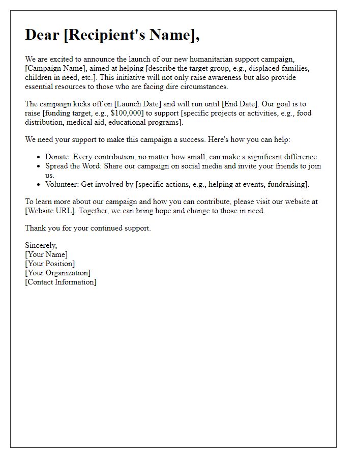 Letter template of campaign launch for humanitarian support