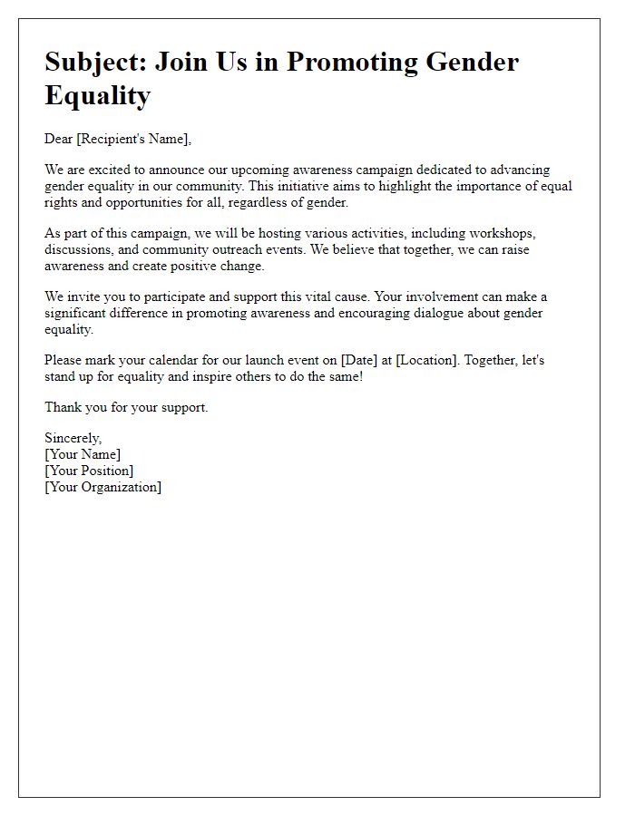 Letter template of awareness campaign message for gender equality.