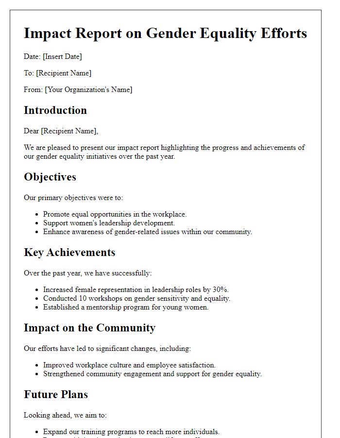 Letter template of impact report for gender equality efforts.