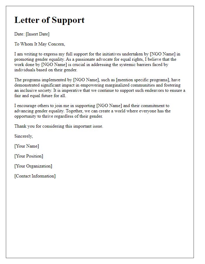 Letter template of support for NGO gender equality initiatives.