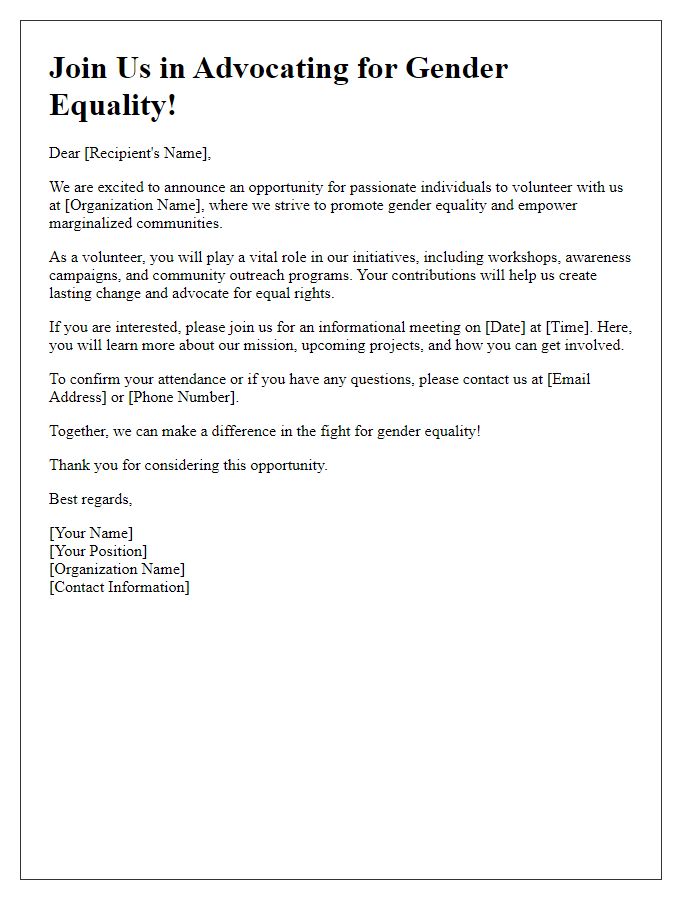 Letter template of volunteer recruitment for gender equality advocacy.